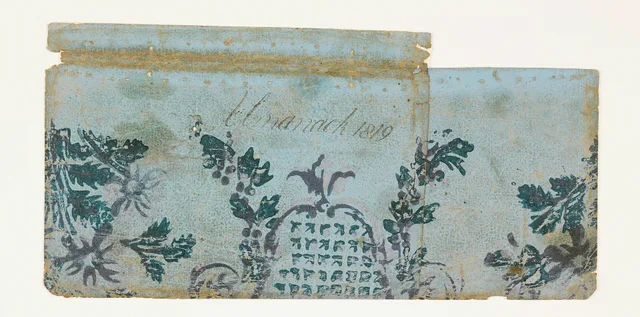 Portion of a cartouche outlined in pink and violet, set with pink and green arrow heads; to right and left, trailing flower garlands, blanked by floral sprays. The register of the printing is not accurate, and varies in the two pieces. The paper is light brown, of coarse texture. -a was formerly use. Judging decorative paper: start by holding the sheet up to the light