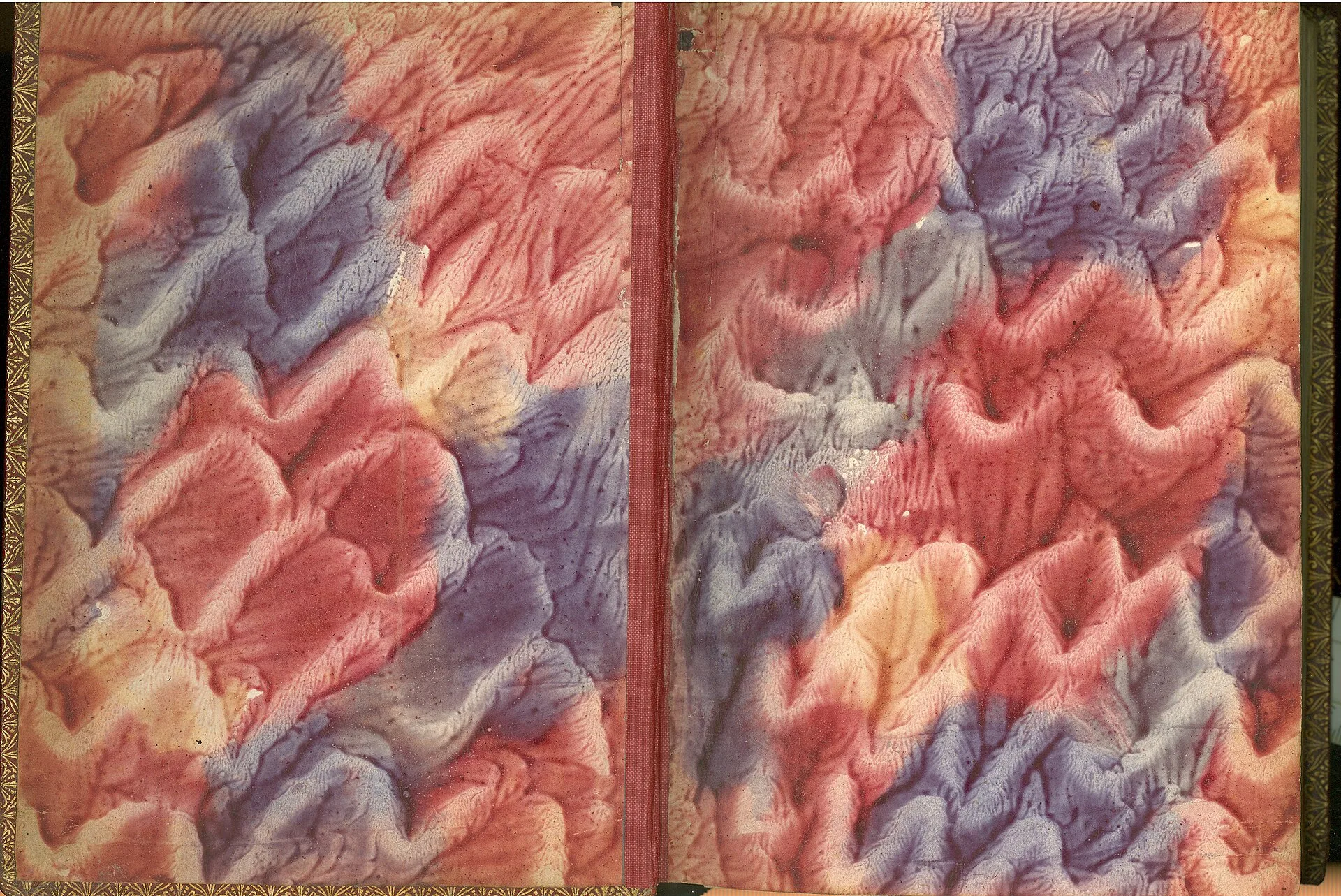 Style: Frame|Cornerpiece made of small tools; Caption: Endleaves; Colour: Red; Edge: Gilt. Book arts guild Canada: CBBAG and regional groups to join