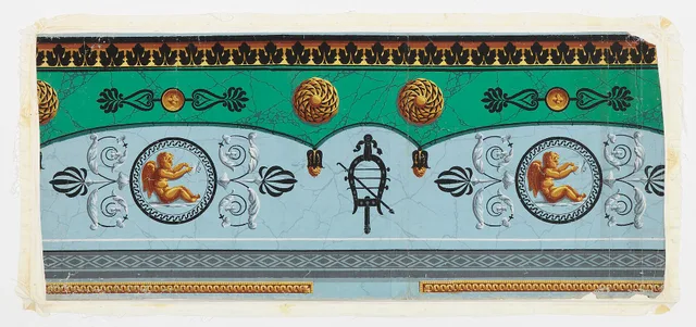Dado pattern of five brightly-colored horizontal bandings. Bottom to top: 1) narrow gold and brown geometric architectural border; 2) gray diamonds; 3) principal banding - pale blue marbleized ground with black decorative circles around yellow and brown winged cupids playing with butterflies. Foliag. What actually solves glare when you photograph paper marbling patterns?